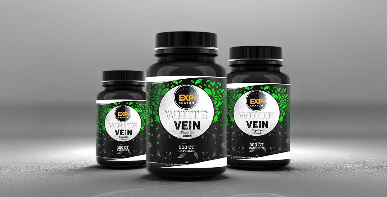 Three black bottles of EXP Premium White Vein Capsules, available in counts of 30, 300, and 500 capsules, are displayed against a gray background.