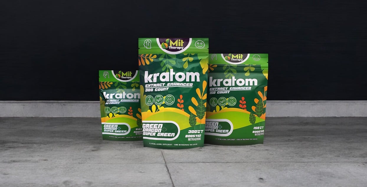 Three packages labeled "Mit Therapy Green Dragon + Super Green Capsules" in green and yellow are displayed against a dark background, presenting a natural blend reminiscent of herbal therapy.