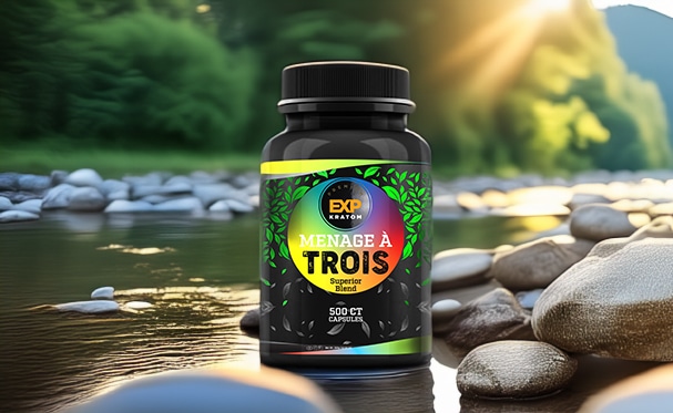 A bottle of dietary supplements labeled "EXP Premium 500ct Capsule Bundle (choose 4)" is placed on rocks near a river, bathed in sunlight filtering through trees in the background. Enjoy the exp premium experience in every capsule.