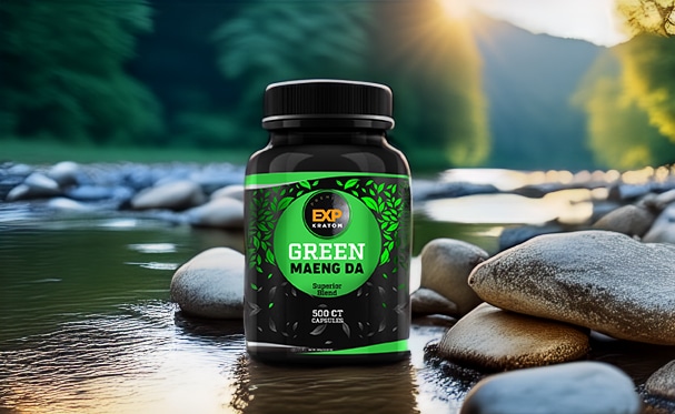 A bottle from the EXP Premium 500ct Capsule Bundle (choose 4) is placed on a rocky surface beside a flowing river with green foliage in the background.