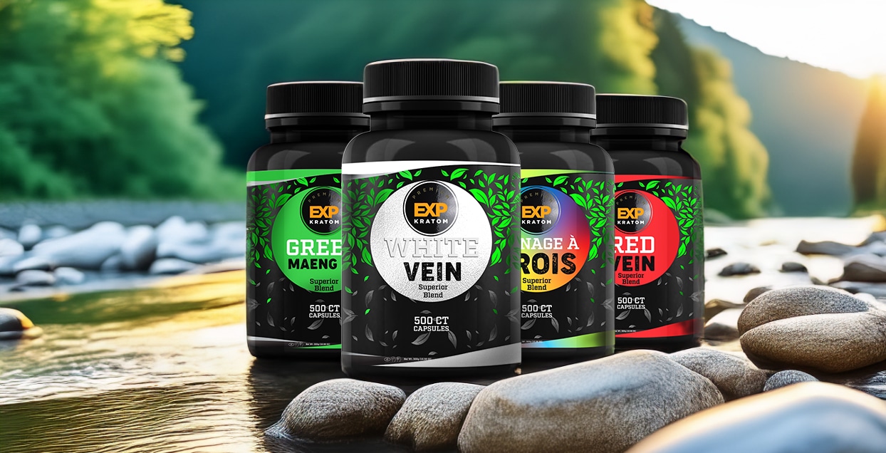 Four premium supplement bottles from the "EXP Premium 500ct Capsule Bundle (choose 4)" featuring "Green Maeng Da," "White Vein," "Ménage à Trois," and "Red Vein" are placed on rocks by a river in a natural, sunny setting.