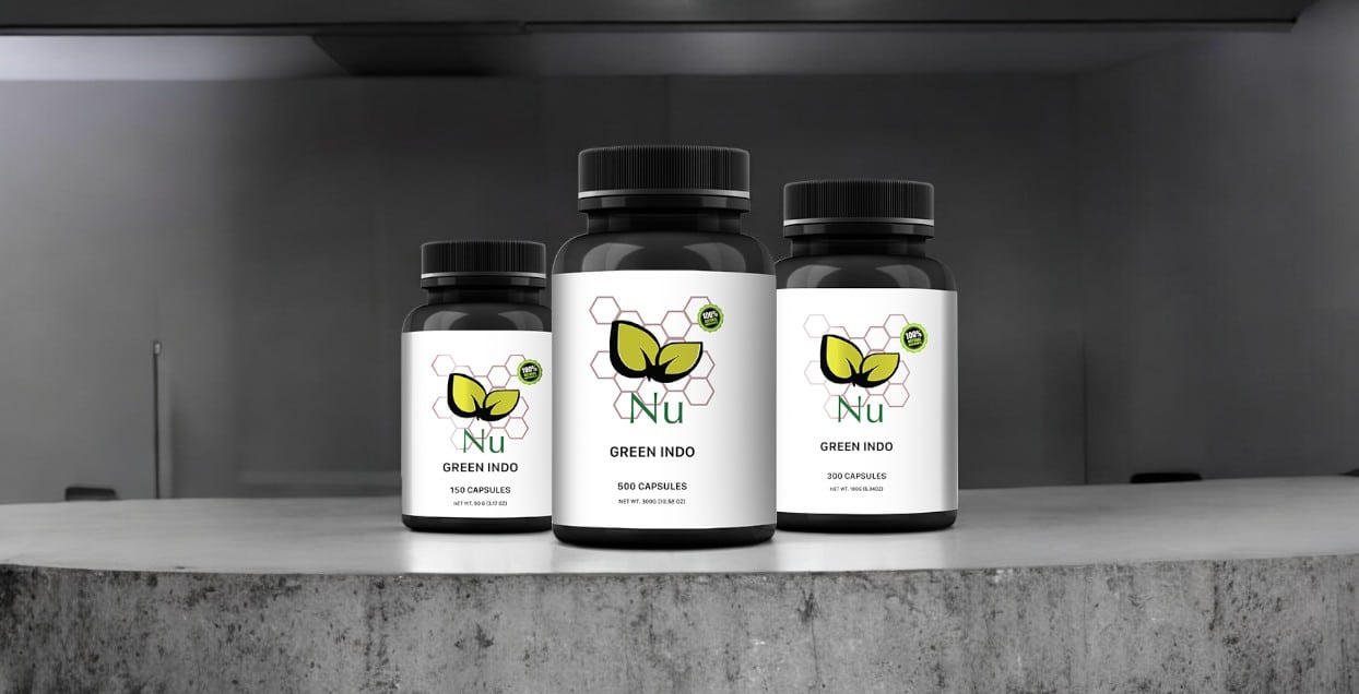 Three bottles of Nu – Green Vein Indo Kratom capsules, famous for their nu green vein blend, are displayed on a concrete surface.