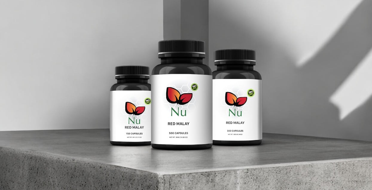 Three bottles of Nu Red Malay capsules sit elegantly on a gray surface, embodying minimalist chic.