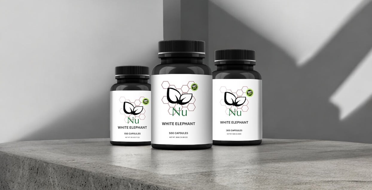 Three bottles of "Nu White Elephant Capsules" rest on a concrete surface, their distinctive shadows painting intricate patterns in the background.