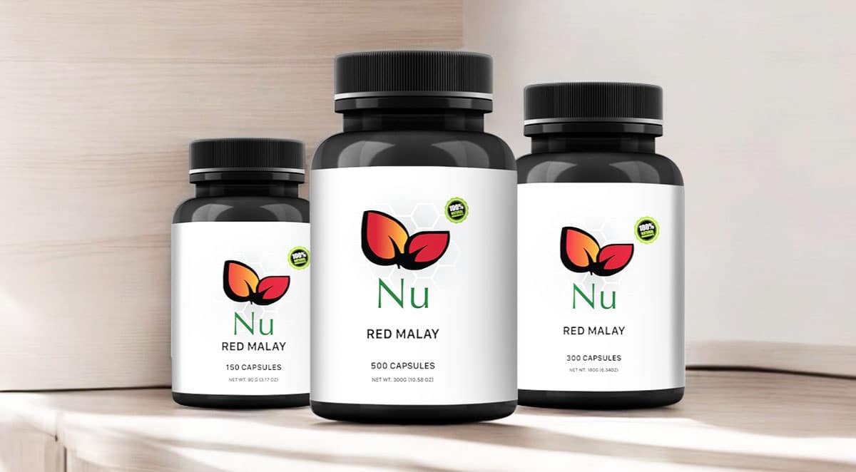 Three bottles of Nu Red Malay capsules are shown, each labeled with its capsule count: 150, 500, and 300 capsules.