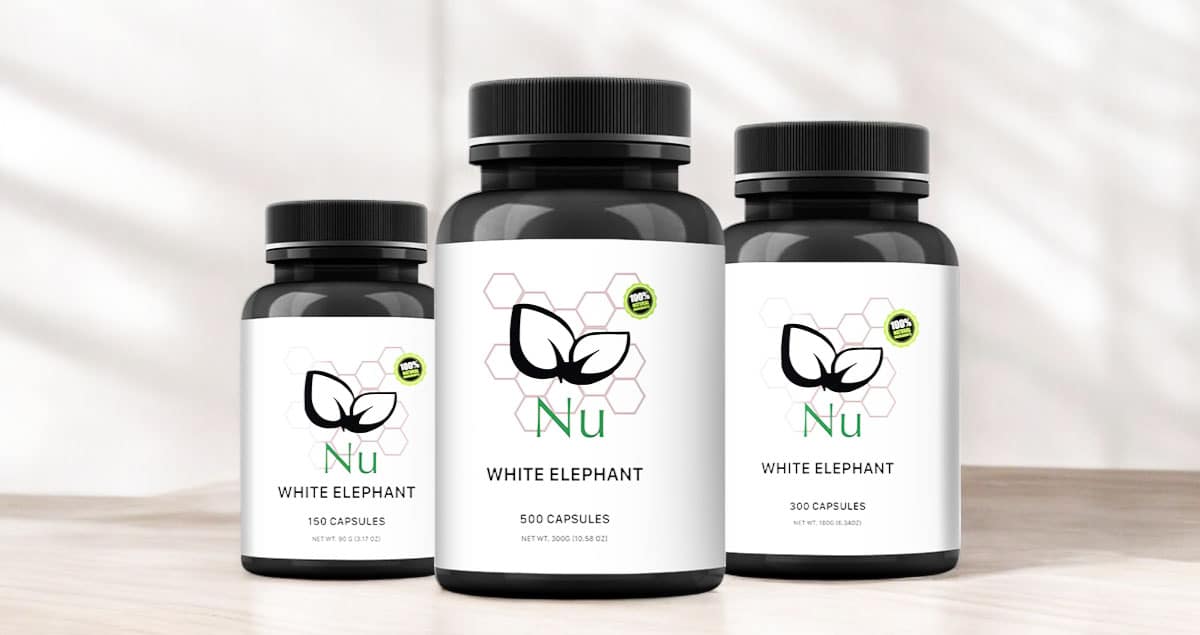 Three bottles of Nu White Elephant Capsules are shown in sizes of 150, 300, and 500 capsules. The striking white elephant logo represents purity and excellence in each dose.