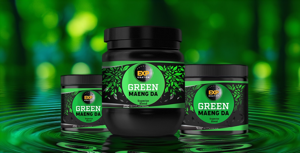 Three containers of EXP Premium Green Maeng Da Blend Powder are displayed against a vibrant green, nature-inspired background.